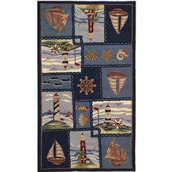 Hand hooked Nautical Blue Wool Rug (39 X 59)
