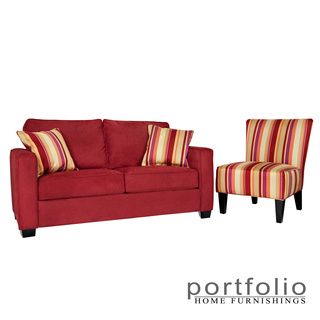 Portfolio Madi Crimson Red Sofa And Hali Striped Wine Armless Chair