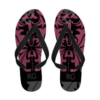 Elegant Pink Grey And Black Damask Monogrammed Sandals