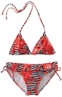 Roxy Girls 7 16 Seashore Party Print Tiki Tri Ruffle 2 Piece Swimsuit Set, Bright Coral, 7 Clothing