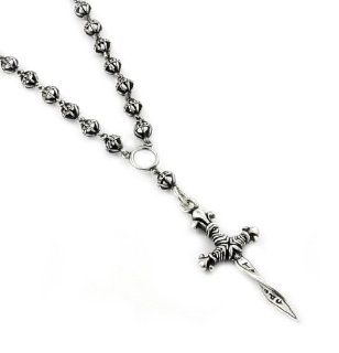 Twisted Blade Silver Small Studded Ball Link Rosary With Small Twisted Dagger Pendant 22 Inch Jewelry