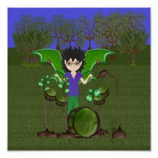 Green Dragon Winged Drummer Boy Faerie Posters