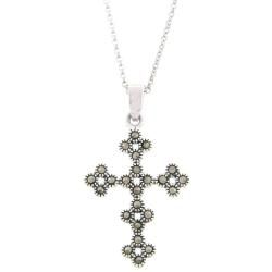Dolce Giavonna Silver Overlay Marcasite Flower Design Cross Necklace Dolce Giavonna Gemstone Necklaces