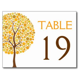 Autumn tree in fall colors wedding table number postcards