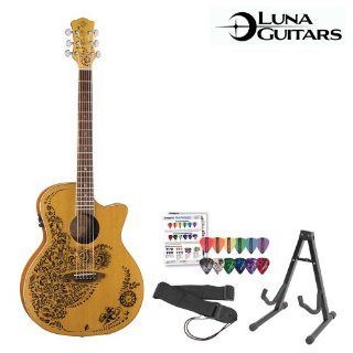 Luna Guitars Henna Oasis (HEN 02 CDR) Cedar Acoustic Electric Guitar with Guitar Stand, Guitar Strap & ChromaCast/GoDpsMusic Pick Sampler Musical Instruments