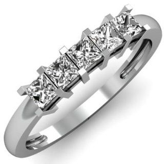 0.50 Carat (ctw) 14k White Gold Princess Cut White Diamond Ladies 5 Stone Bridal Wedding Band Anniversary Ring 1/2 CT Jewelry