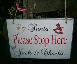 personalised vintage santa stop here sign by maggi wood art signs