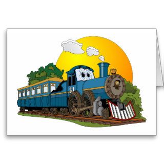 Blue Cartoon Passenger Steam Engine Greeting Cards