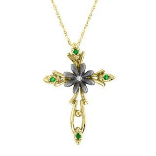 0.10 CTW Emerald & Diamond Cross Pendant 14K Yellow Gold with Chain RMC Worldwide Jewelry
