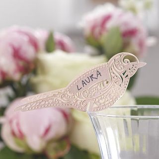 pink laser cut lace bird glass place card by ginger ray