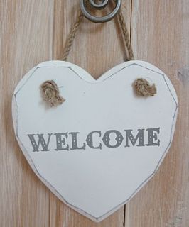 'welcome' hanging heart plaque by nutmeg signs