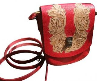 GPUFashion Handmade Leather Craft Shouder Bag Envelopment Adjustable Shouder Strap Khaki Carved with Red Tang Dynasty flower Design