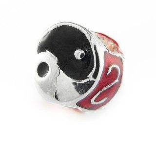 Ying/Yang in Black/Red Enamel Charm By Olympia   Compatible & Fits Major Brand Name Bracelets   Silver Plated Jewelry