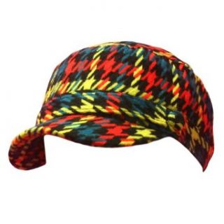 Luxury Divas Red Blue & Lime Green Hounds Tooth Plaid Cadet Cap Hat