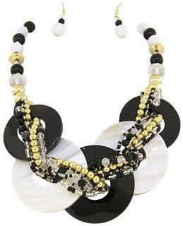 Chunky Black & White Genuine Shell Rings Mother Of Pearl Gold Beads Crystal Statement Necklace & Earring Set Fashion Jewelry Jewelry
