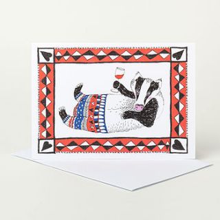 tipsy badger drinking red wine greeting card by sophie parker