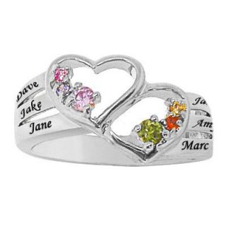 Family Double Heart Simulated Birthstone Ring in Sterling Silver (2 6