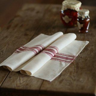 Set of 2 Cream Red Striped Linen Kitchen Towels Antico Uno  