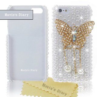 Mavis's Diary 3d Handmade Attractive Butterfly and Pearls Hard Case Clear for Apple Iphone 5 with Soft Clean Cloth Cell Phones & Accessories