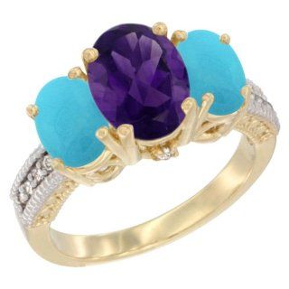 10K Yellow Gold Natural Amethyst Ring Ladies 3 Stone 8x6 Oval with Turquoise Sides Diamond Accent, sizes 5   10 Jewelry