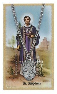 Pewter Pendant Necklace Medal & Saint Gift Set PSD550SN St. Saint Saint Stephen Prayer Card Set 1" X 5/8" Pendant w/24" Chain Jewelry