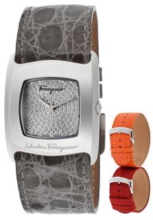 Salvatore Ferragamo F51SBQ9902F S007  Watches,Womens Diamond Pave Dial Gray Genuine Crocodile, Casual Salvatore Ferragamo Quartz Watches