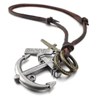 JBlue Jewelry Men's Alloy Genuine Leather Pendant Necklace Adjustable Gold Cross Anchor Vintage with Chain (with Gift Bag) Jewelry