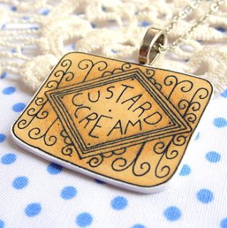 custard cream illustrated plastic necklace by raspberry finch