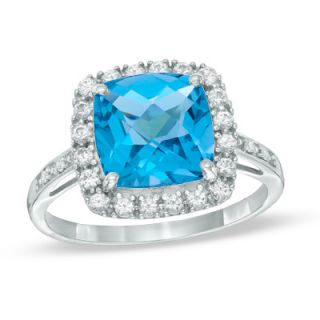 Cushion Cut Blue Topaz and Lab Created White Sapphire Ring in 10K