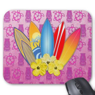 Surfboard and Hibiscus Flowers Mousepad