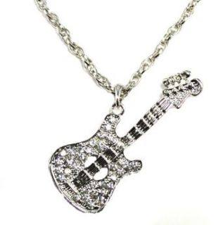 Bling Bling Rhinestone Guitar Pendant Metal Chain Necklace Clothing