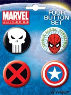Marvel Four Button Set Spiderman, Captain America, X Men, Punisher Clothing