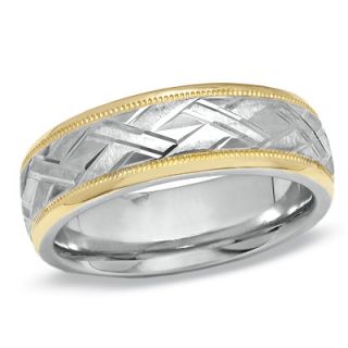 Mens 8.0mm Basket Weave Wedding Band in 14K Gold and Sterling Silver
