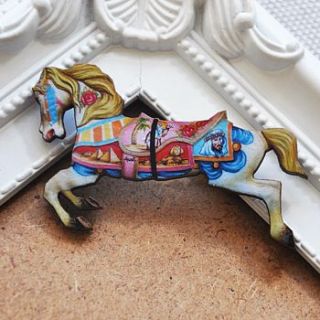 blue and pink wooden carousel horse brooch by artysmarty