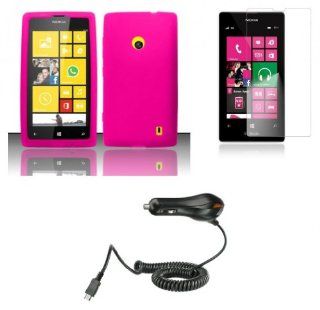 Nokia Lumia 521 / 520   Accessory Kit   Hot Pink Silicone Gel Cover + Atom LED Keychain Light + Screen Protector + Micro USB Car Charger Cell Phones & Accessories