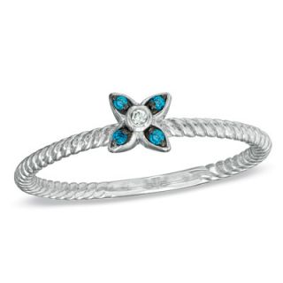 Enhanced Blue and White Diamond Stackable Flower Ring in Sterling