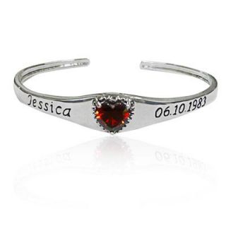 Heart Shaped Simulated Birthstone Bangle in Sterling Silver (2 Names