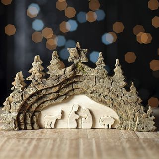 nativity bark cutout decoration by the orchard
