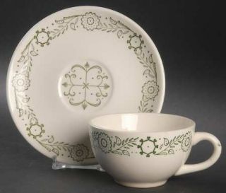 SCIO Provincial Flat Cup & Saucer Set, Fine China Dinnerware   Green Rooster Cen