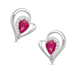Pear Shaped Ruby and Diamond Accent Heart Stud Earrings in Sterling