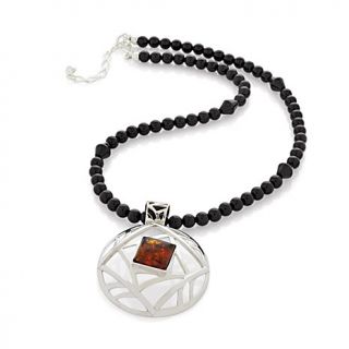 Jay King Amber Sterling Silver Pendant and Black Agate Necklace