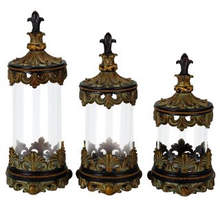 Casa Cortes Antiqued Gold Fleur de lis 3 piece Glass Cylinder Canister Set