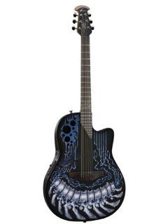 Ovation DJA34 CHB DJ Ashba Celebrity Signature Demented Collection Acoustic Electric Guitar Bundle with Gig Bag, Tuner, Strap, Strings, Picks, and Polishing Cloth   Chrome Bone Musical Instruments