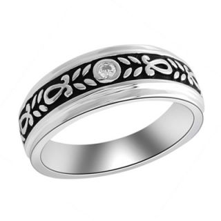Mens Diamond Accent Floral Wedding Band in Sterling Silver with Black