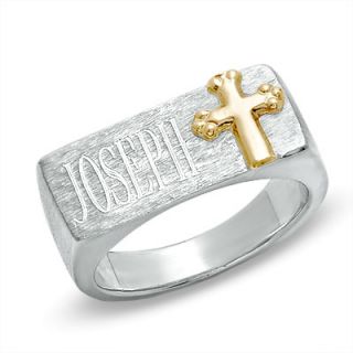Mens Engraved Signet Cross Ring in Sterling Silver and 14K Gold (8