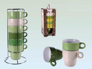 Coffee cups Set of 6 Coffee Cups / Mugs CERAMIC MIX trendy colours STEM / GREEN / IVORY + metal rack + Gift box  