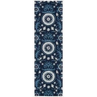 Hand tufted Suzani Navy Floral Medallion Rug (23 X 8)