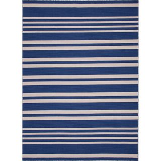 Handmade Flat Weave Stripe Pattern Blue Wool Rug (5 X 8)