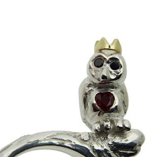 owl ring silver. gold, ruby & black diamonds by rock cakes