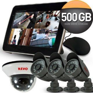 Revo 4 Channel System with 4 (66ft) Night Vision Security Cameras with All in One DVR w/ 10.5" Built in Monitor  Complete Surveillance Systems  Camera & Photo